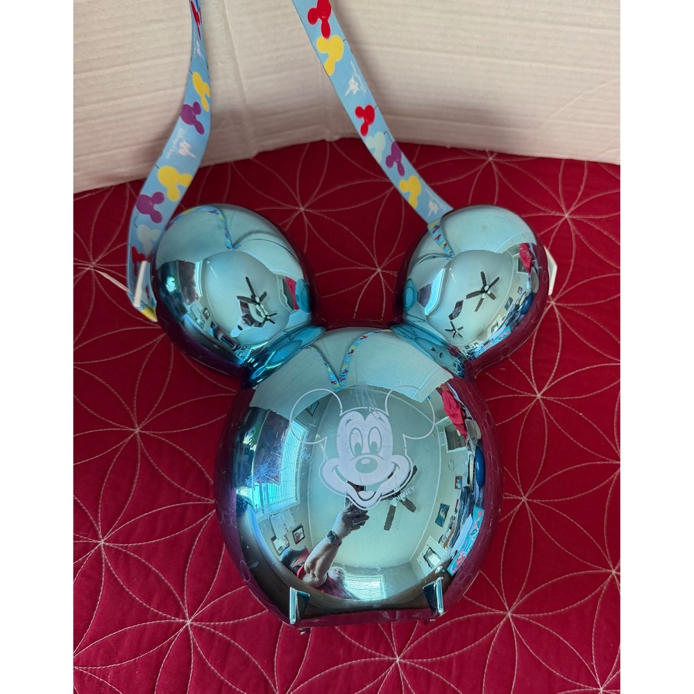 Disney Parks Mickey Mouse Blue Chrome Balloon Popcorn Bucket with Lanyard Strap